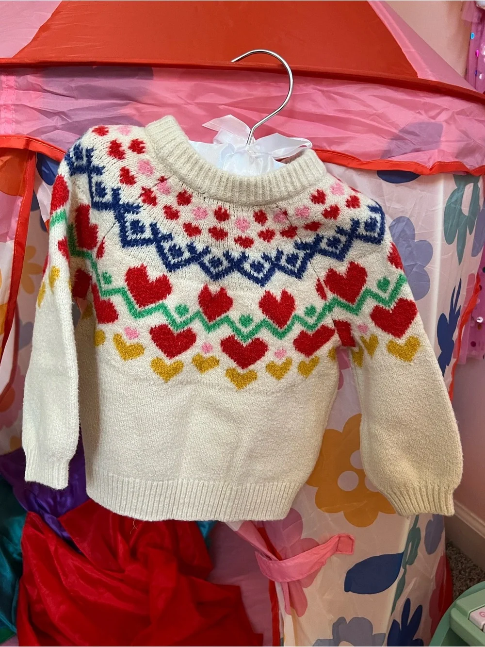 Old Navy Cream Sweater with Multicolor Heart & Fair Isle Yoke